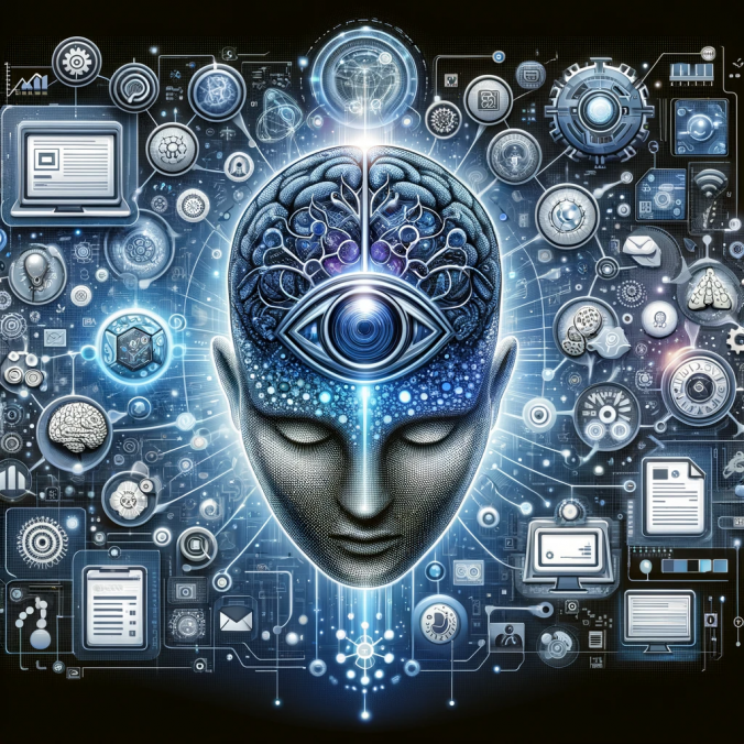 La imagen presenta una representación central y sofisticada de un modelo GPT en forma de una red neuronal abstracta o cerebro de IA, rodeado de iconos y elementos visuales que representan diferentes aspectos de los GPTs, como archivos de texto y burbujas de chat. La paleta de colores futurista con azules, plateados y efectos de brillo digital enfatiza la tecnología avanzada y la innovación