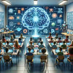 Representación de un aula futurista con estudiantes y un cerebro digital AI, rodeado de hologramas educativos y un robot profesor, simbolizando la innovación en la educación con GPTs.