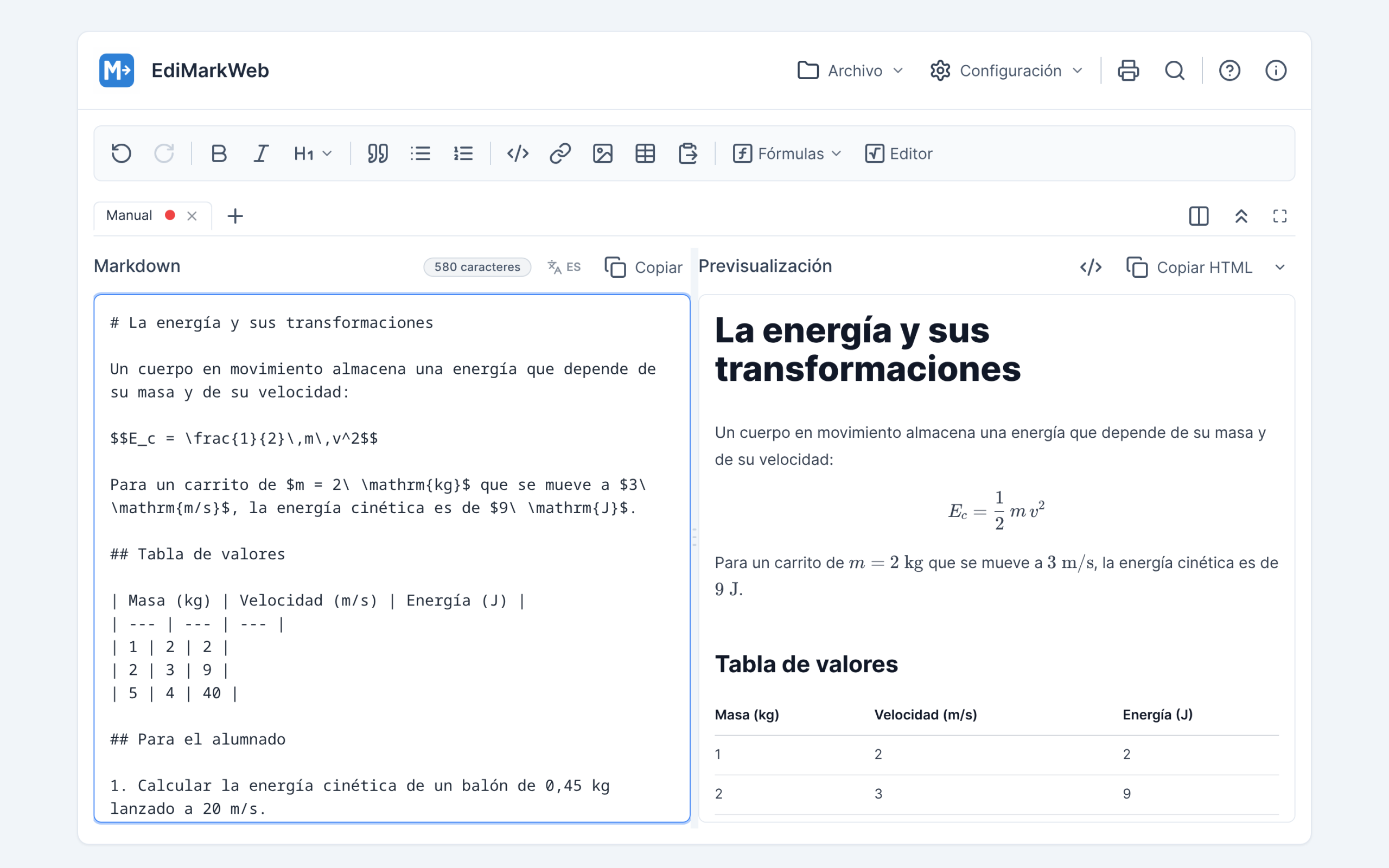 Los dos paneles de EdiMarkWeb, con el texto a la izquierda y el resultado a la derecha