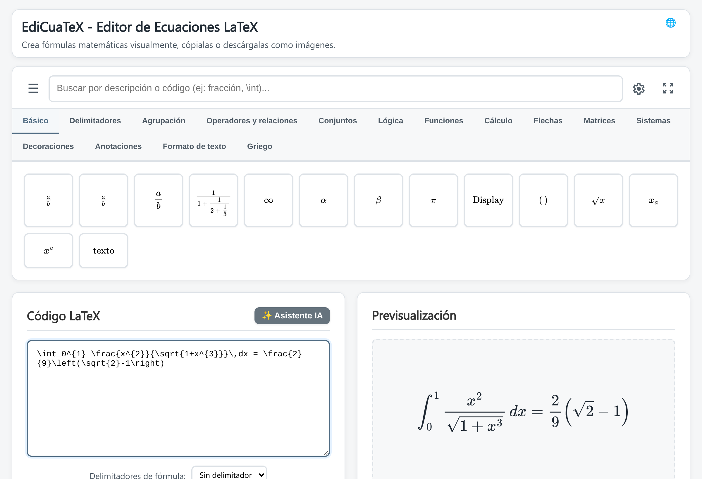 El editor visual de fórmulas EdiCuaTeX con una integral