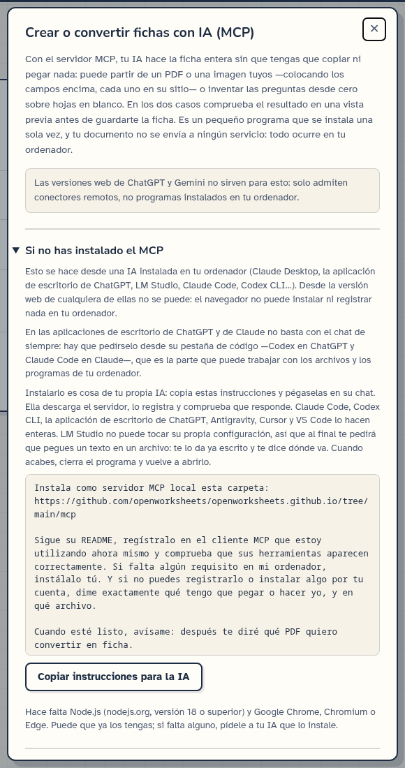 El diálogo de instalación del MCP en el editor