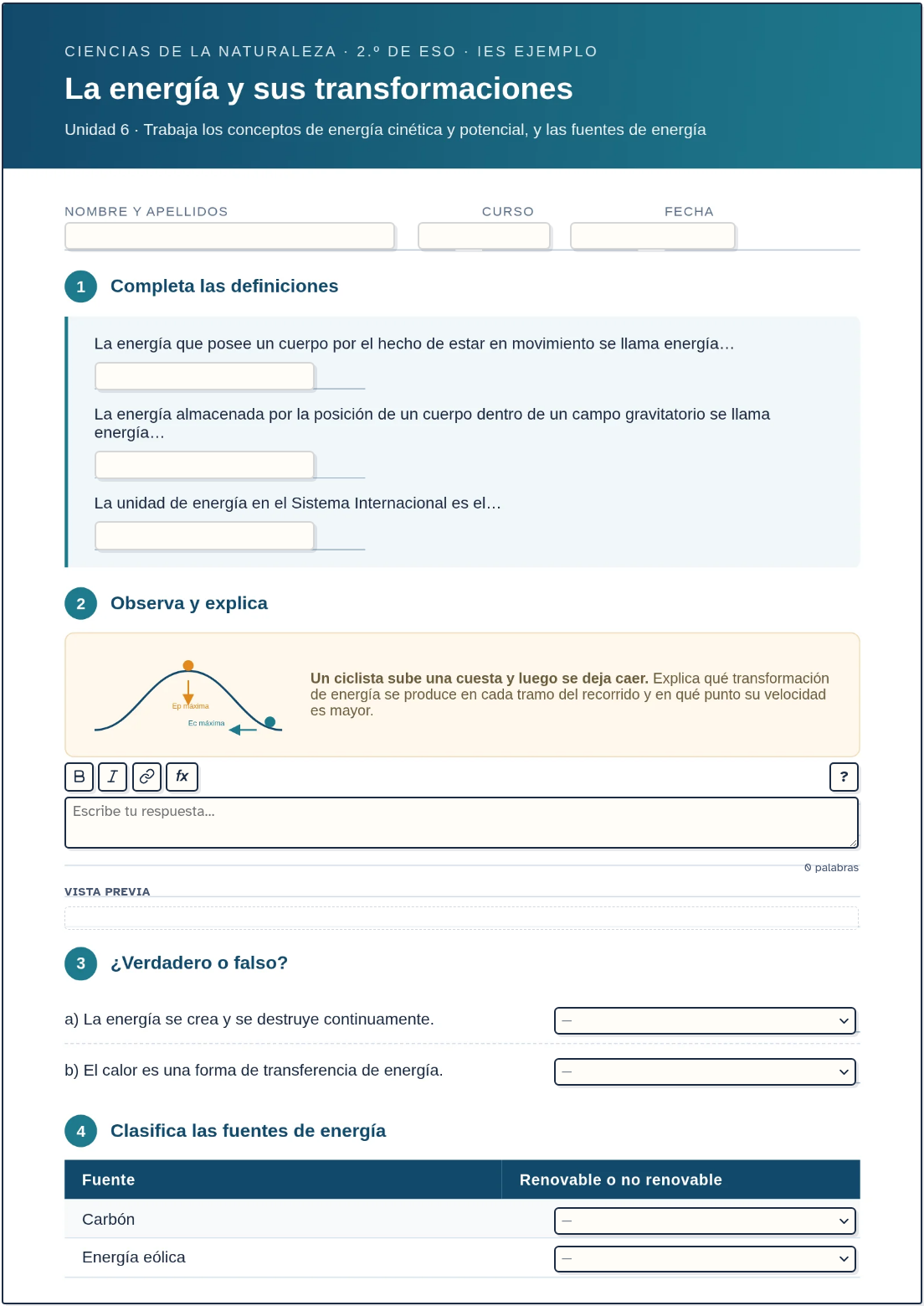 La ficha terminada, tal como la ve el alumnado