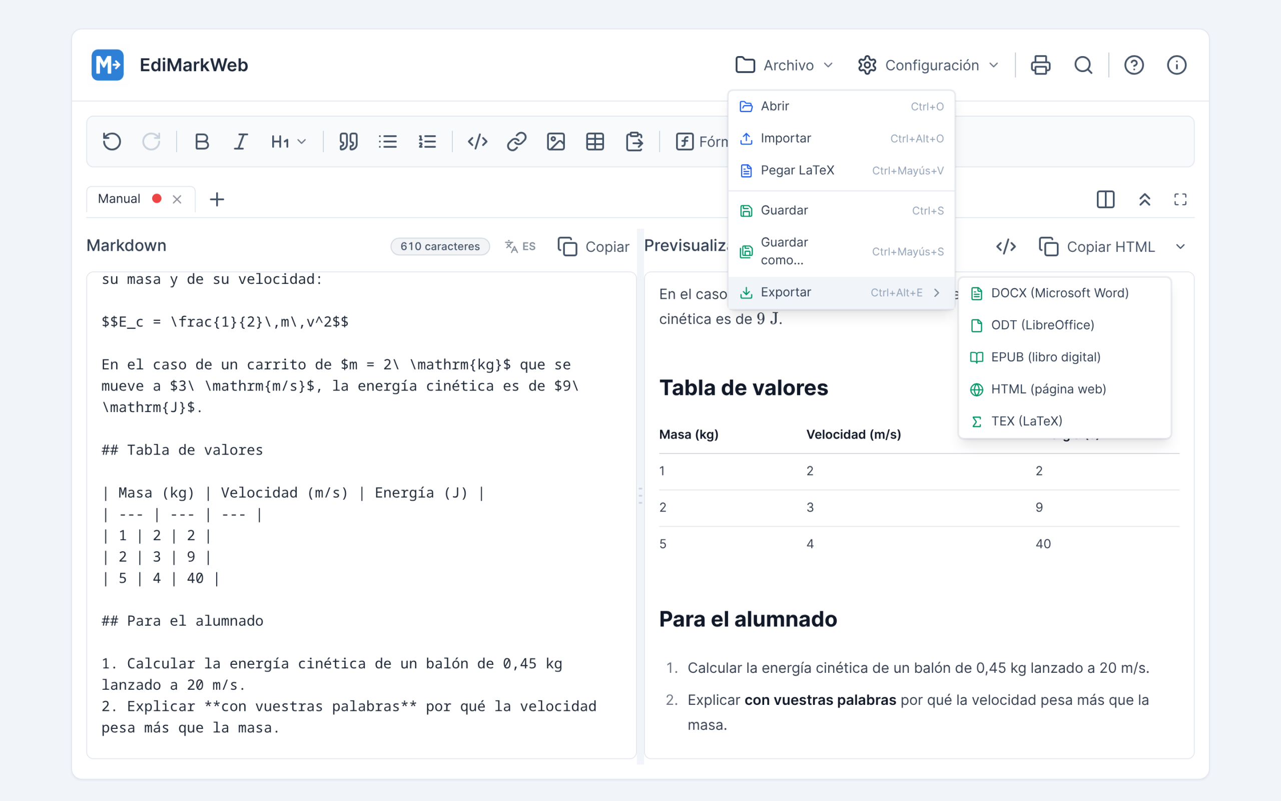 El menú de exportación con los cinco formatos