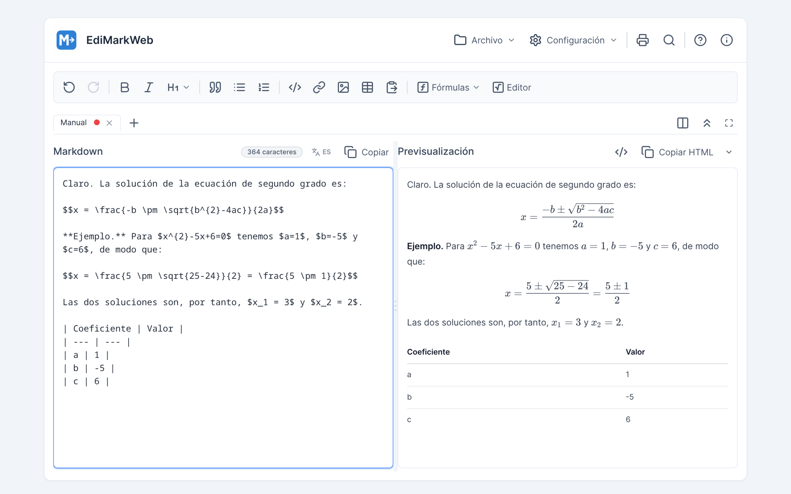 Una respuesta de un chatbot pegada en el editor, con sus fórmulas ya compuestas