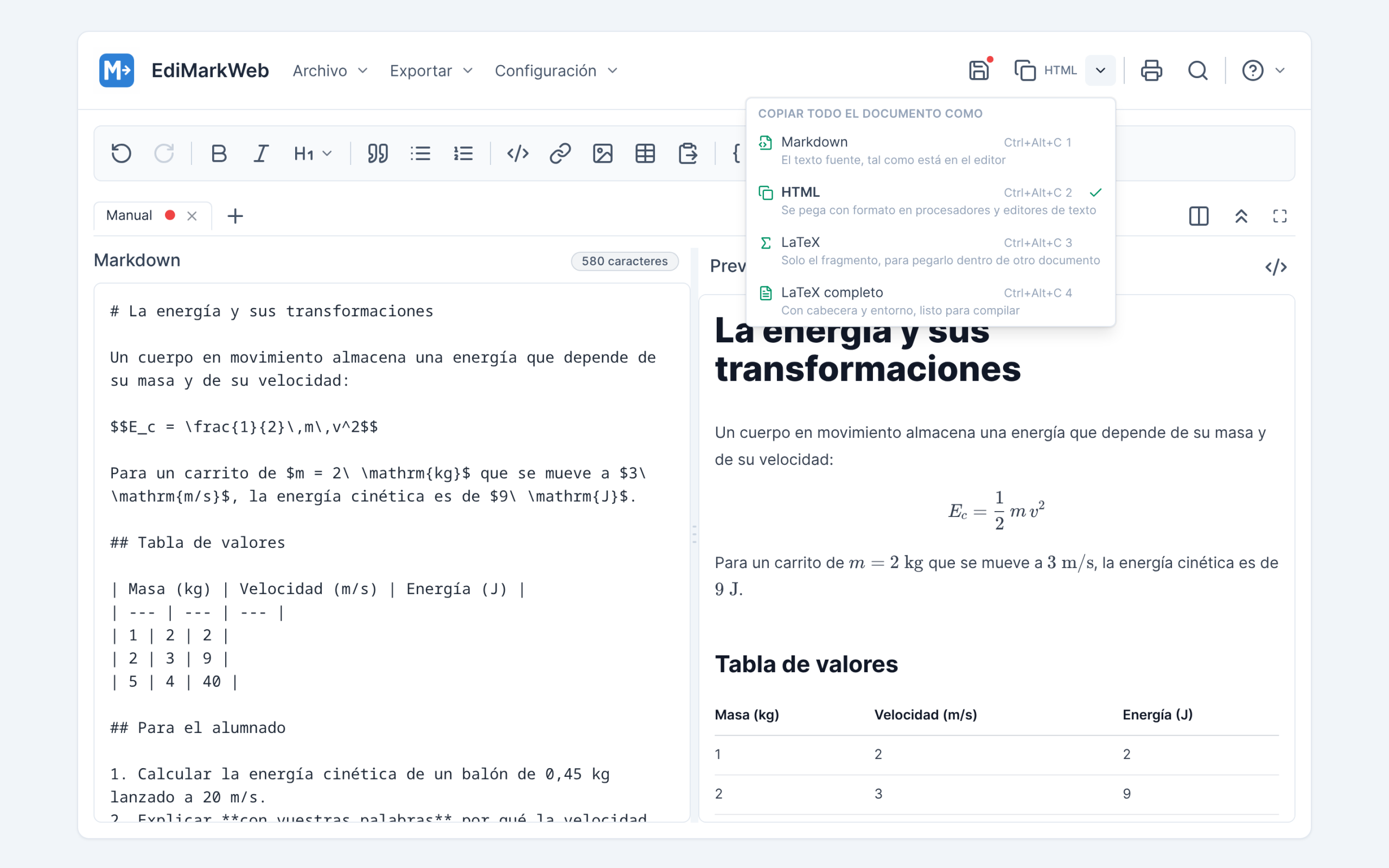 El menú de copiar, con los cuatro formatos y su explicación