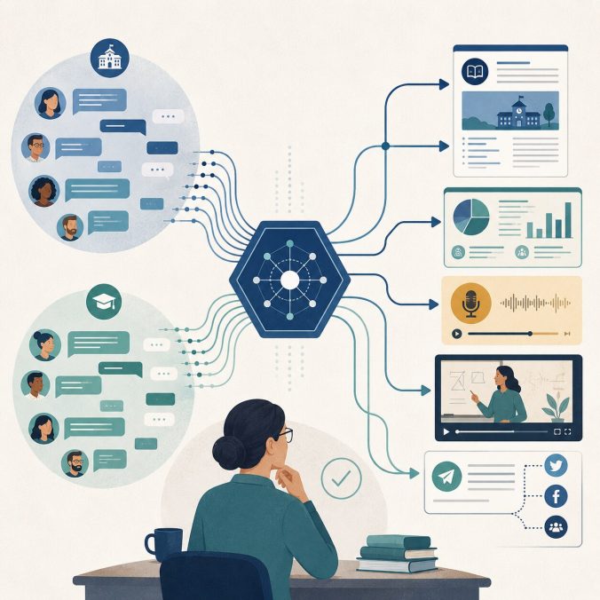 Ilustración: los mensajes de dos comunidades docentes en Telegram entran en un agente de IA, representado por un núcleo hexagonal, del que salen el boletín escrito, una infografía, un pódcast, un vídeo y la difusión en redes. Una docente observa el proceso desde su mesa.