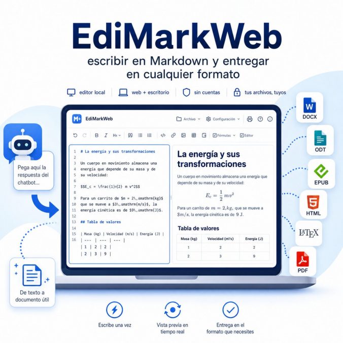 Cartel de EdiMarkWeb: el editor con el Markdown a la izquierda y el documento compuesto a la derecha, y los formatos a los que exporta: DOCX, ODT, EPUB, HTML, LaTeX y PDF.