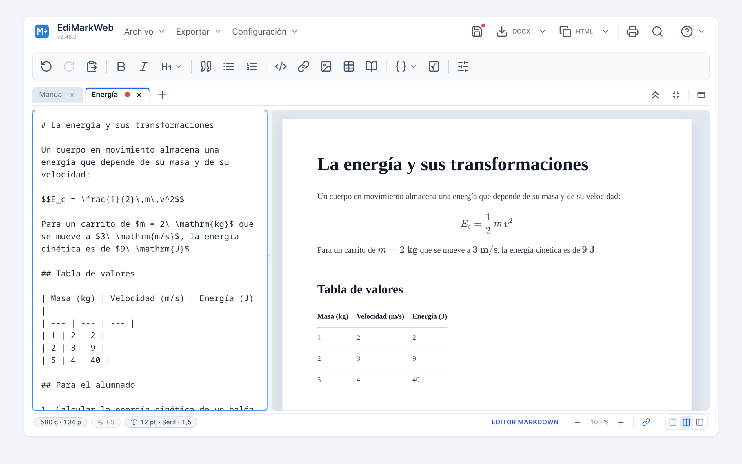 Los dos paneles de EdiMarkWeb, con el texto a la izquierda y la página compuesta a la derecha