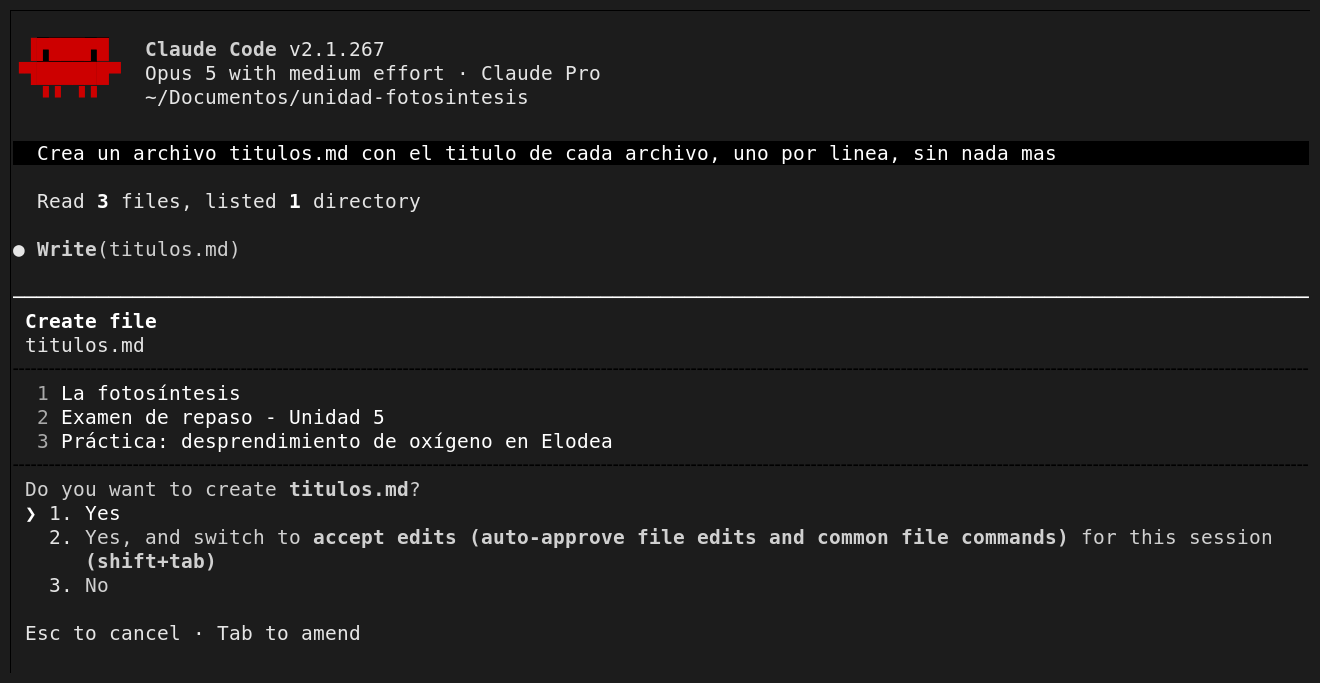 Claude Code pidiendo permiso para crear un archivo