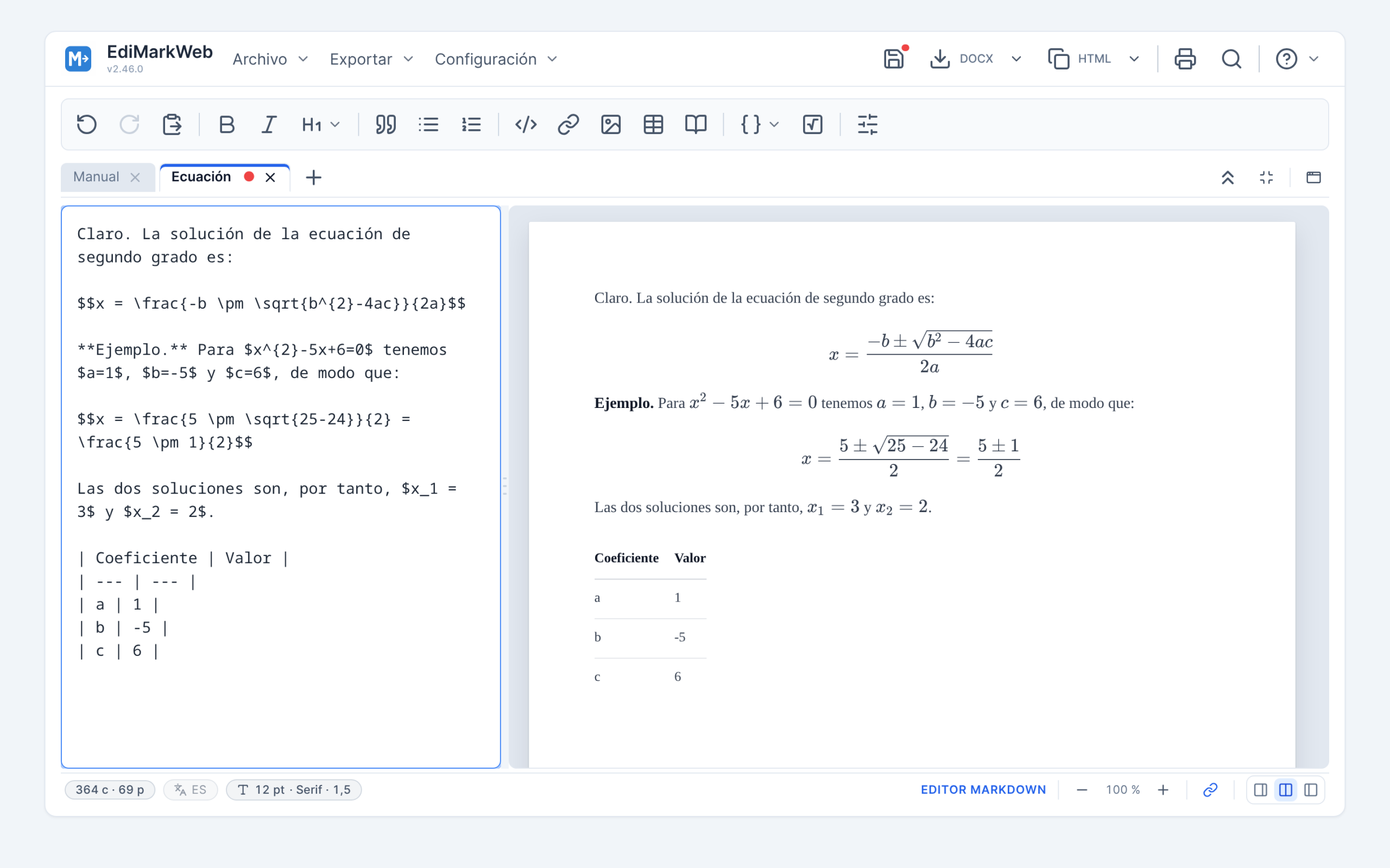 Una respuesta de un chatbot pegada en el editor, con sus fórmulas ya compuestas