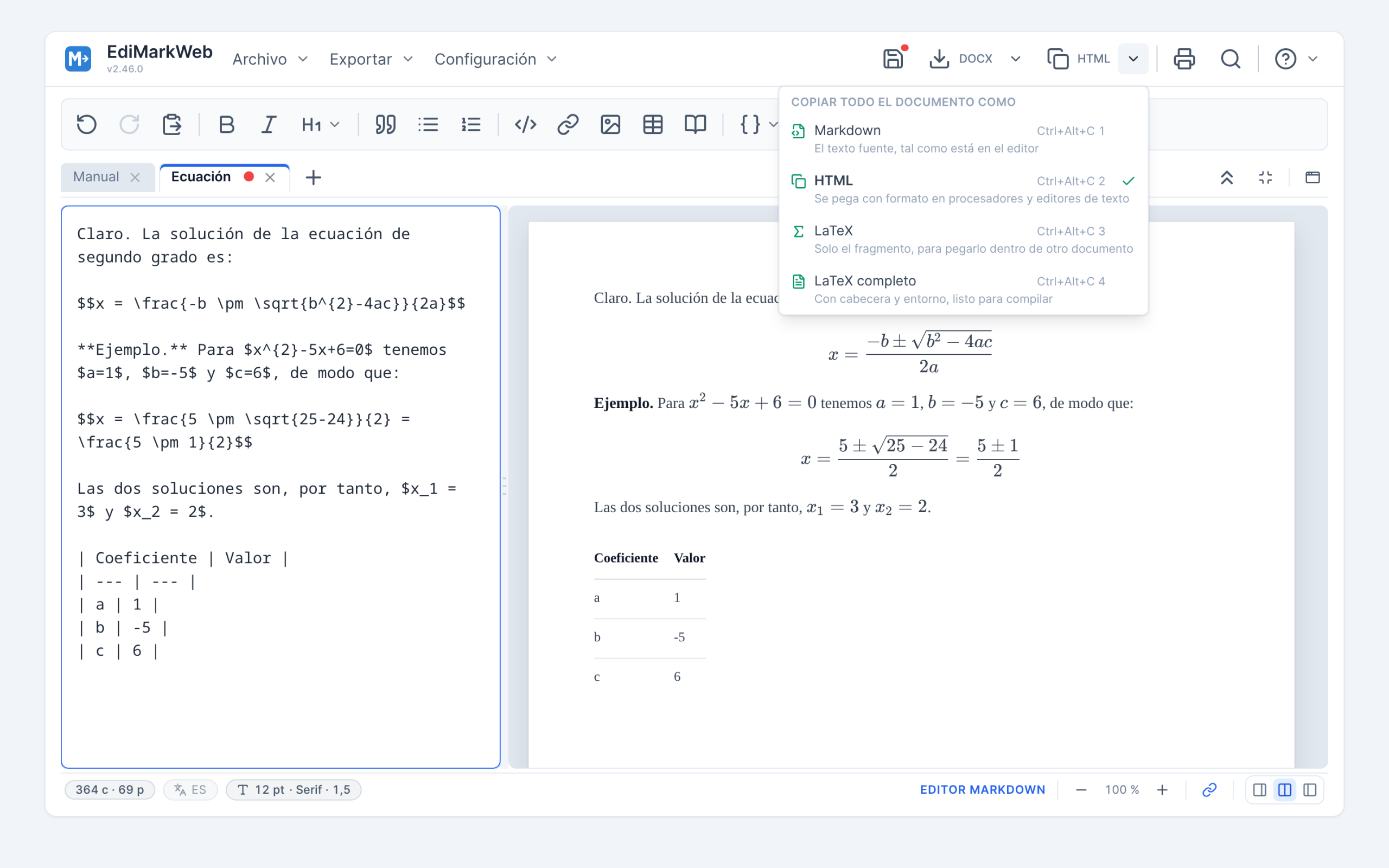 El menú de copiar, con los cuatro formatos y su explicación