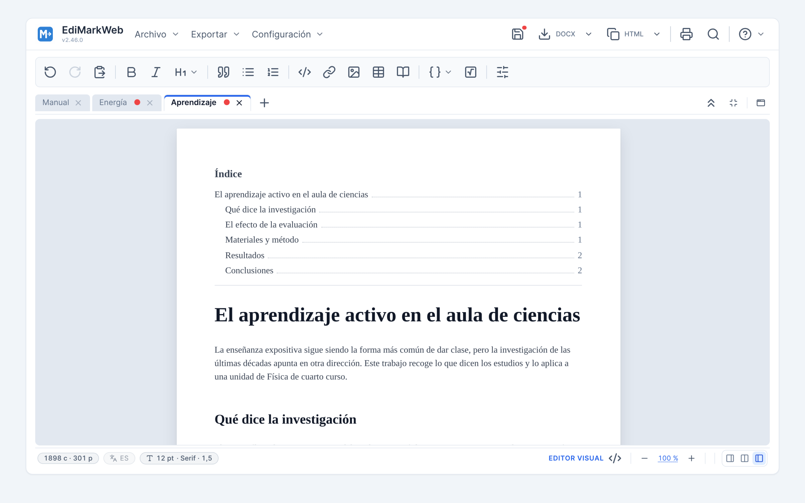 Una página completa en el editor visual, con el índice y sus números de página