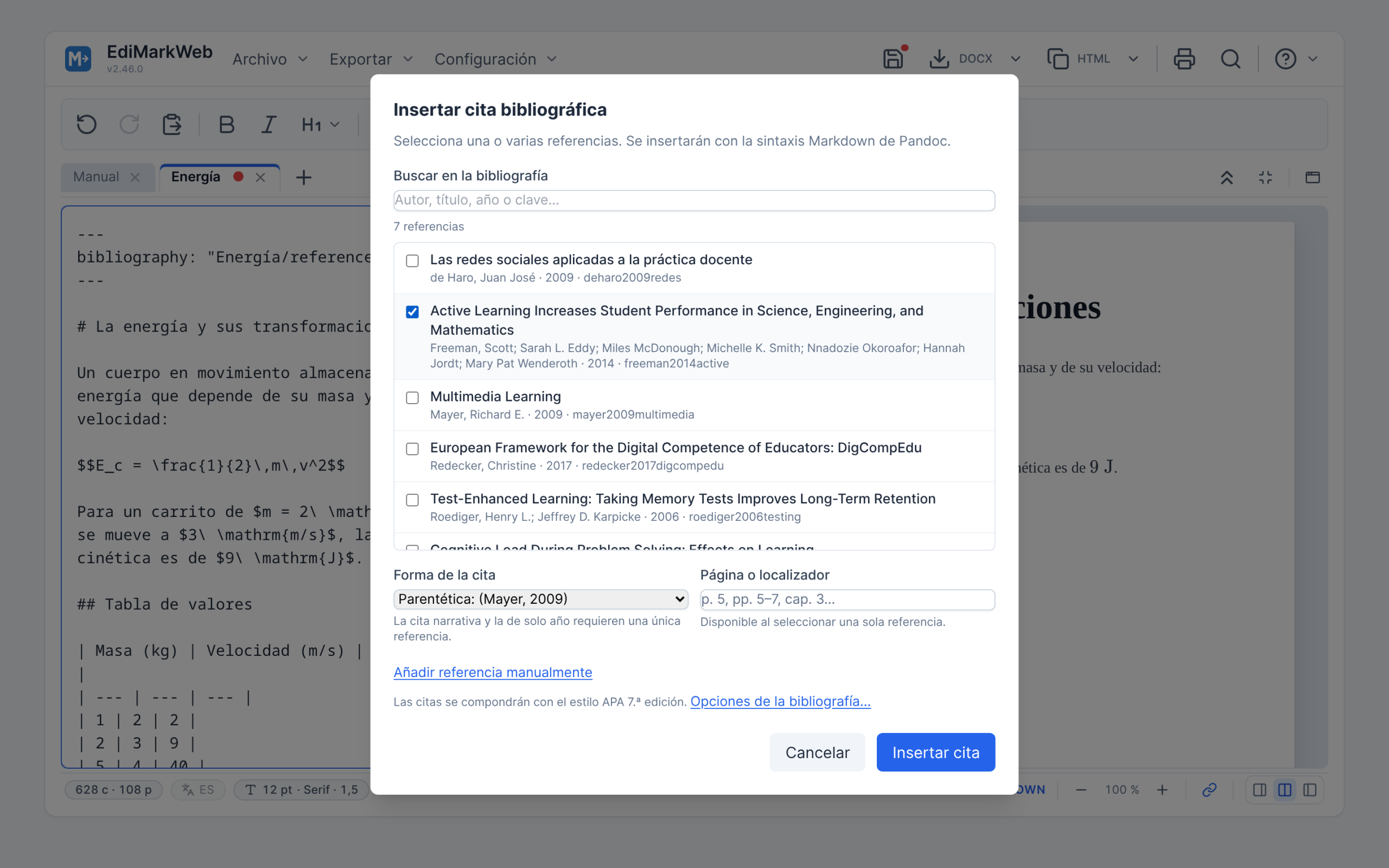 El cuadro para insertar una cita, con el buscador y la lista de referencias