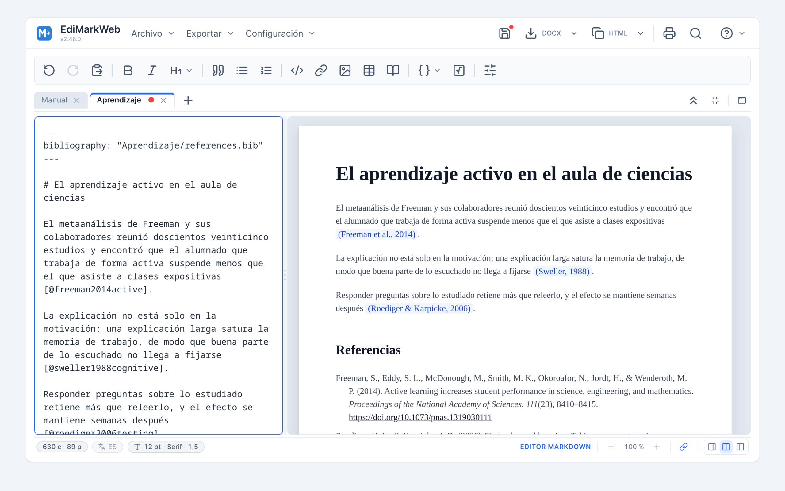 Un documento con sus citas compuestas y la lista de referencias al final