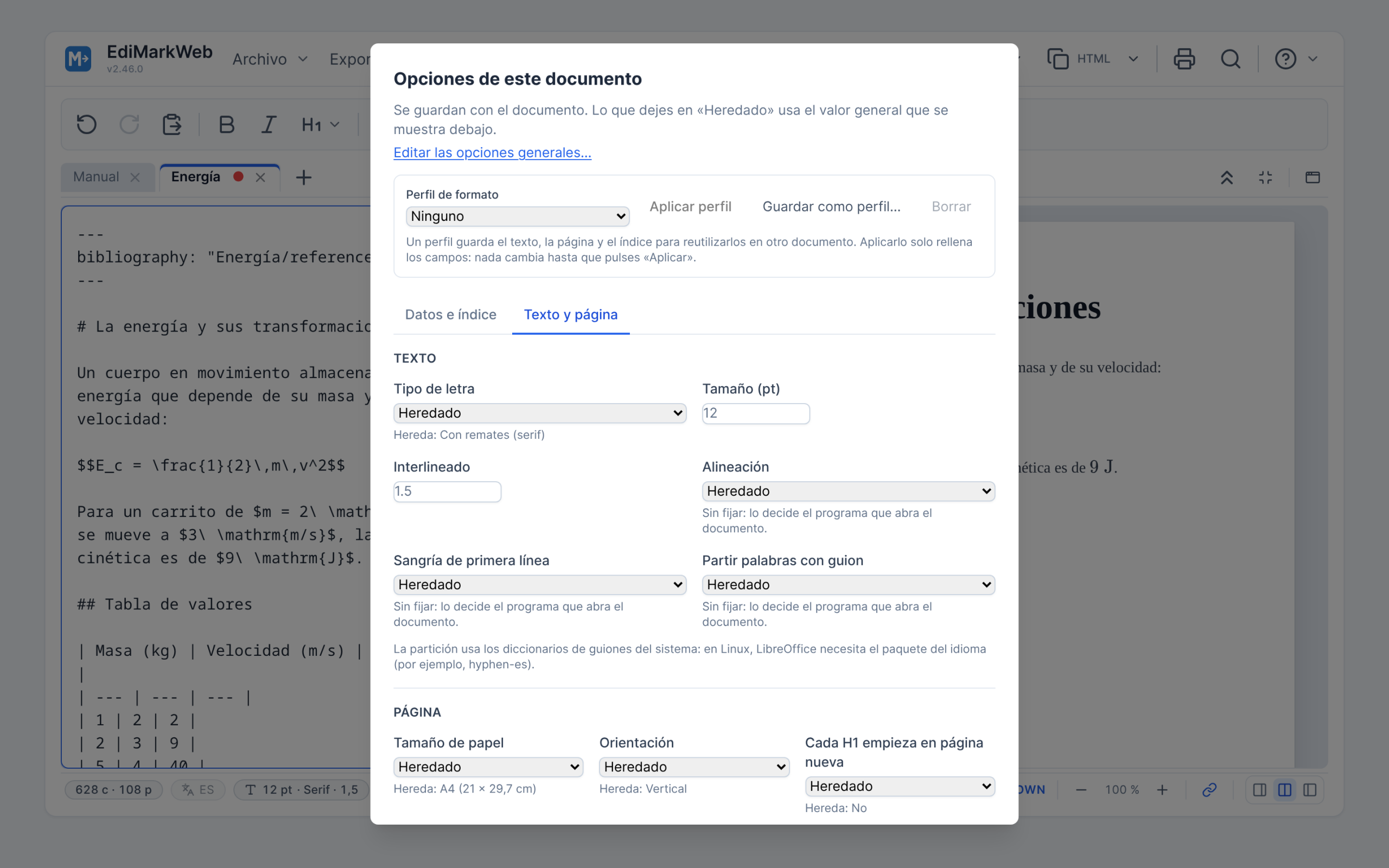 El cuadro de opciones de este documento, con los perfiles de formato arriba