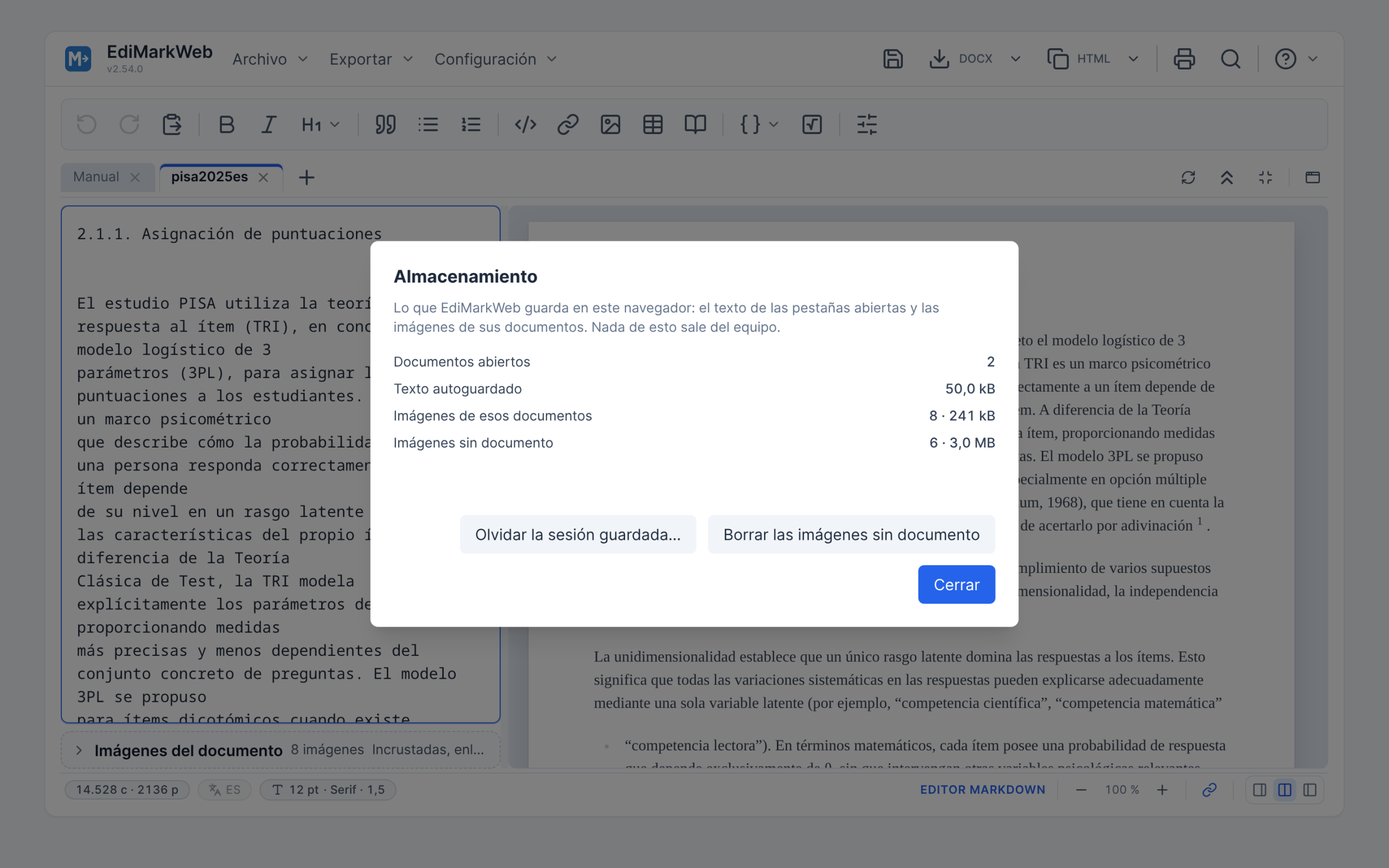 El cuadro de almacenamiento, con lo que ocupan los documentos y sus imágenes