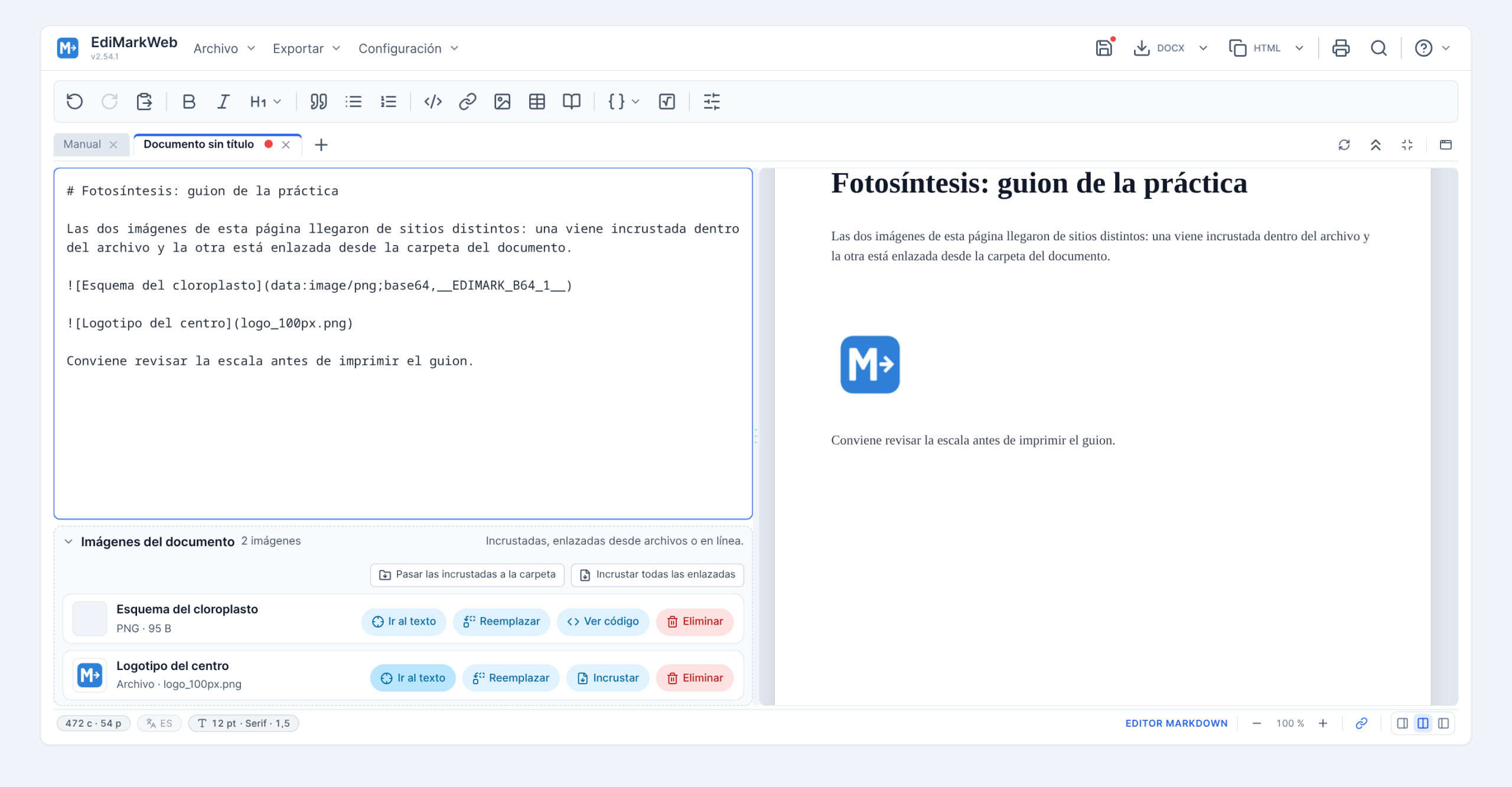 La lista de imágenes del documento, con los botones de conversión y el de ir al texto